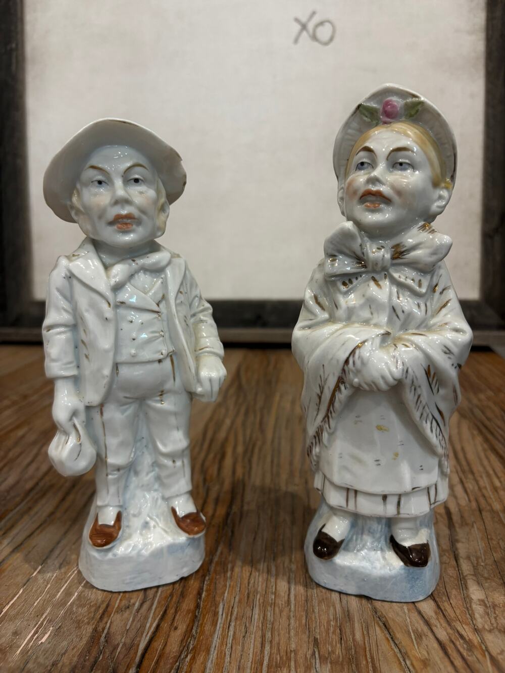 Vintage Victorian Boy & Girl Porcelain Figurines Pair White Gold Accent